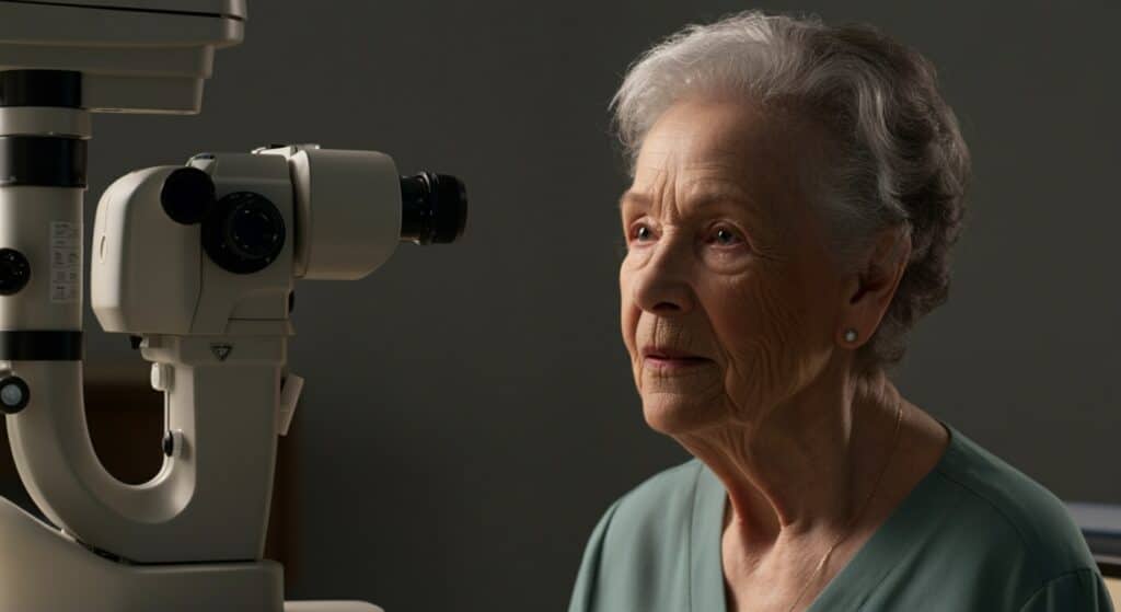 An image of a woman on Medicare, getting an eye exam, asking her doctor, 'Does Medicare Cover Glaucoma Surgery?'