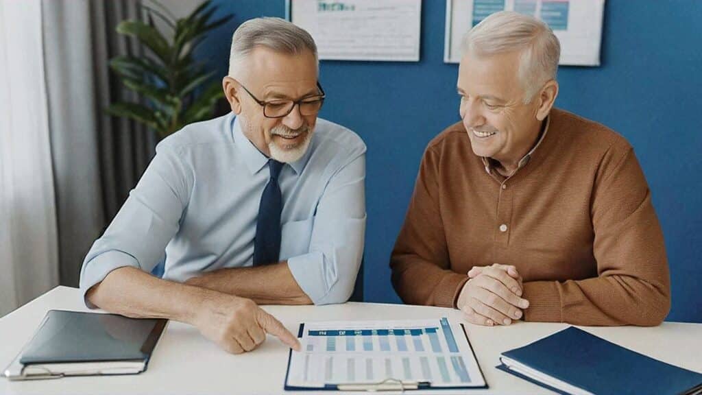 A savvy man sits with his insurance agent, looking at a Medigap cost comparison chart for High-Deductible Plan G, learning how it works.