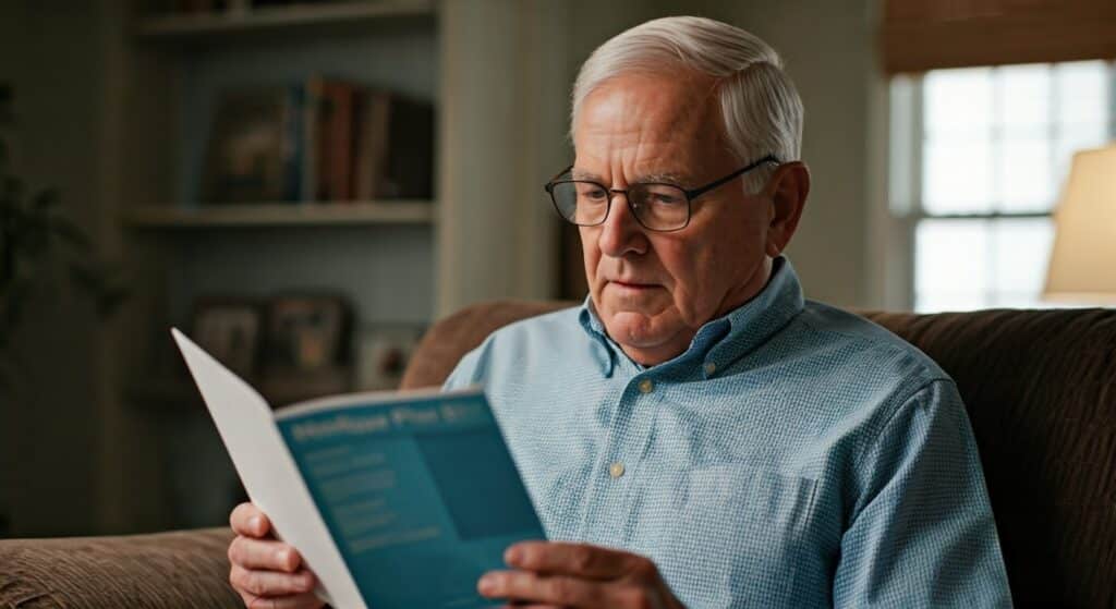 A man is reading about how Medigap Plan D helps cover the gaps in Original Medicare.