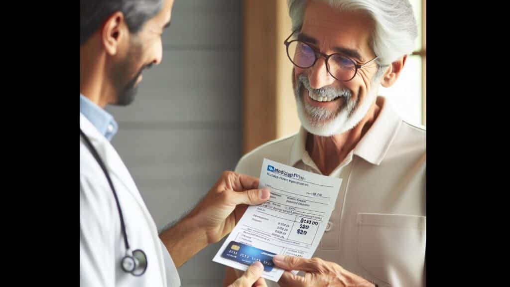 A man receives $20 copayment bill from his doctor. The man hands his doctor his credit card with a simile because he has a Medigap Plan N policy with low premiums.