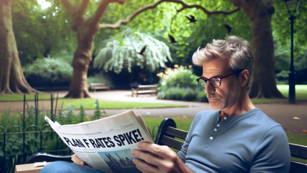 An image of a man reading a newspaper article about Medigap Insurance Plan F.