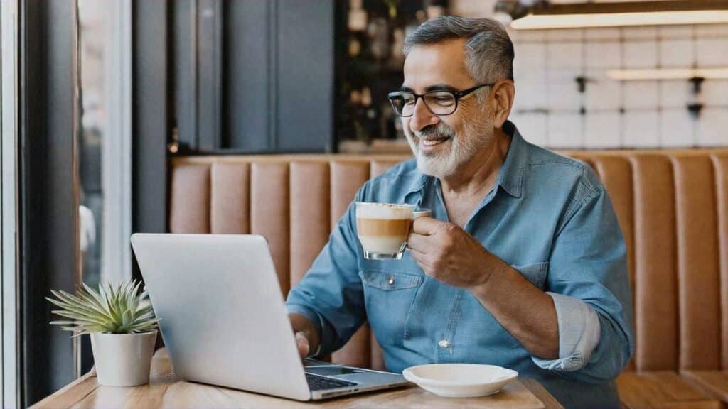 A 60-year-old Hispanic man is sitting in a coffee shop, enjoying a cappuccino, reading how to avoid the worst Medicare Advantage Plans for Seniors on his laptop.