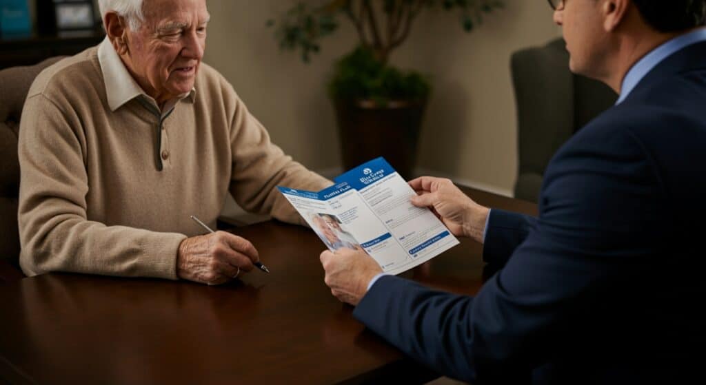 An image of a senior man sitting down with his insurance agent to learn the ins and out of comparing Medicare Advantage plans.