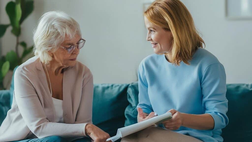 A woman on Medicare is sitting with her insurance agent reviewing Medigap plans using a supplement plan chart.