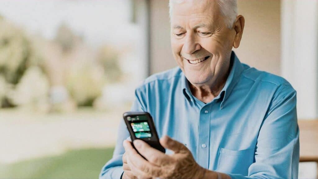 An image of a man wearing a Dexcom G7 checking his blood glucose levels on his smartphone.