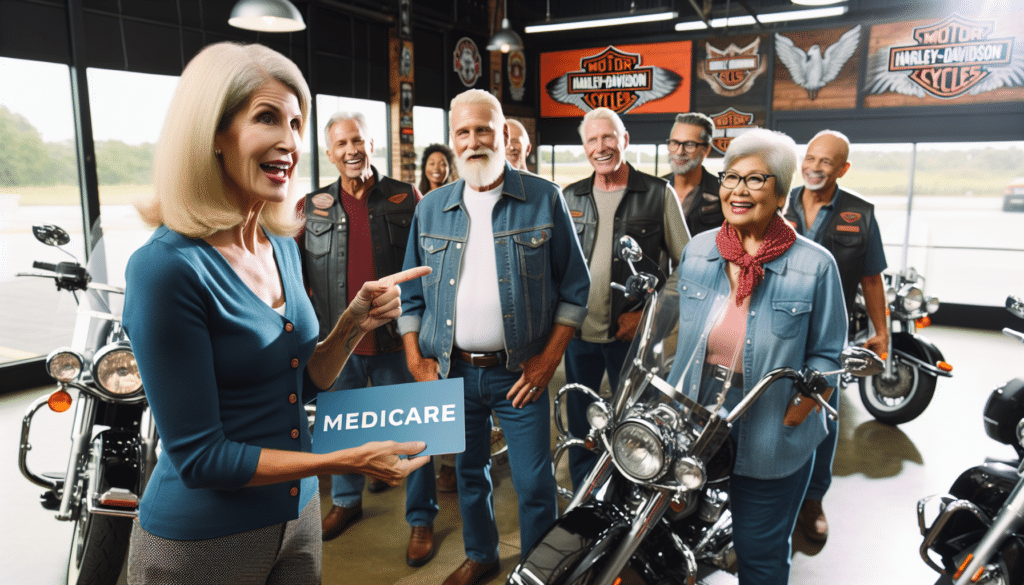 A Medicare insurance agent chats with the Harley-Davidson Owners Group at a local dealer trying to answer the question, "Is There Any Insurance that Covers the Donut Hole?".