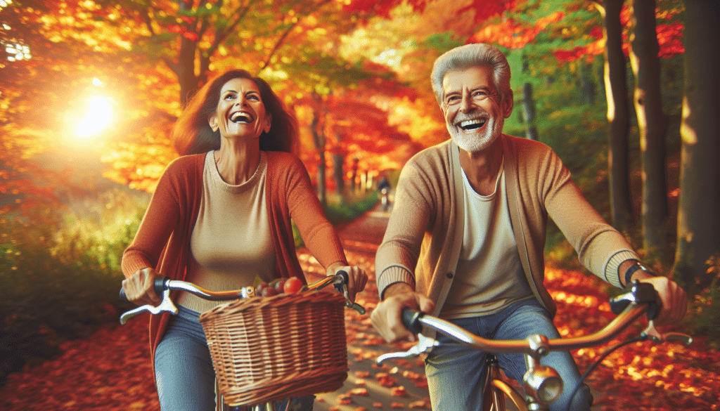 A happy couple is enjoying the fall foliage on their bicycles while waiting for the Medicare Annual Enrollment Period to begin.