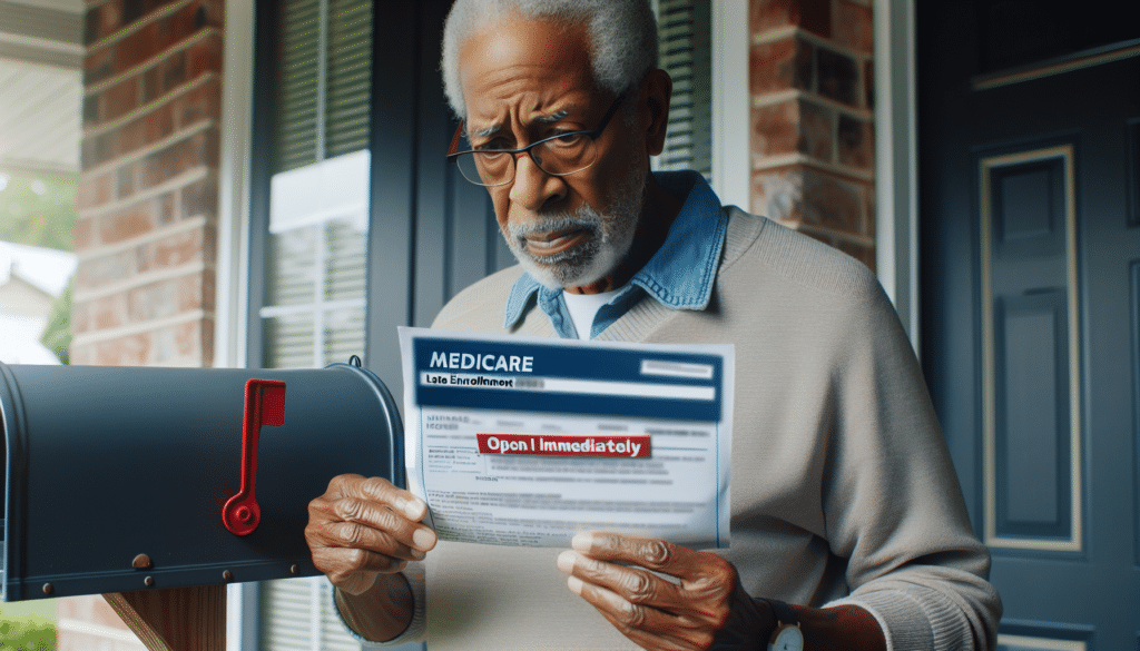 A man stands in front of his mailbox looking for an urgent late notice from Medicare, wondering, "How do I get a Medicare Part B Penalty Waiver?"