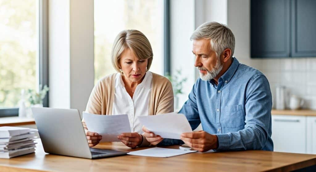 An illustration of a confident, vibrant senior couple in their mid-60s, reviewing Medigap documents at a kitchen table. The couple is holding Medicare-related documents, and there’s a laptop on the table displaying a comparison chart of health plans.