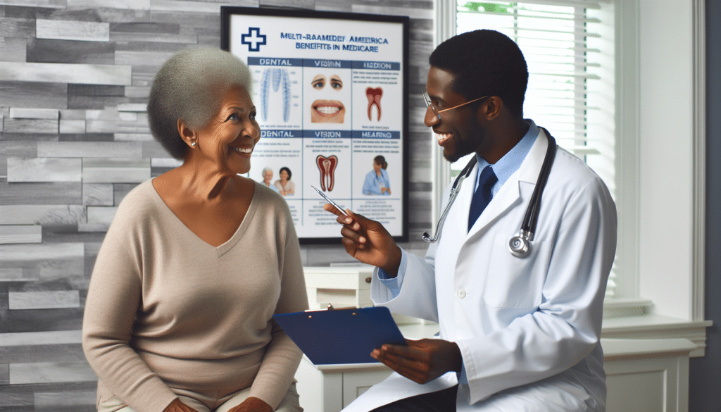 A primary care doctor explains Medicare Advantage plans to a patient after she asks, "Which Medicare Plan Covers Dental, Vision, and Hearing?"