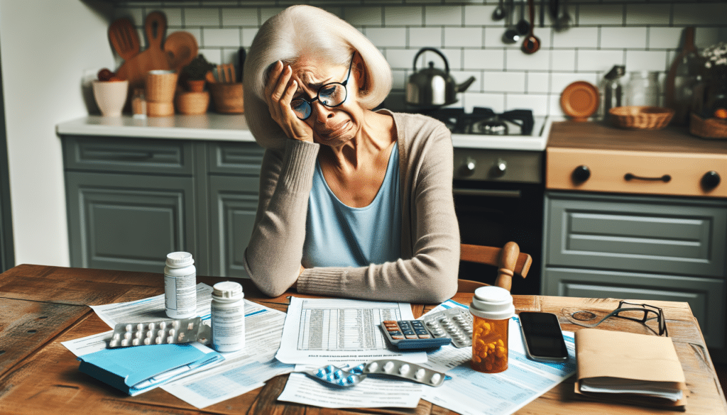 A sad woman sits at her kitchen table, overwhelmed by her medication costs, waiting for her Medicare Extra Help to be approved.