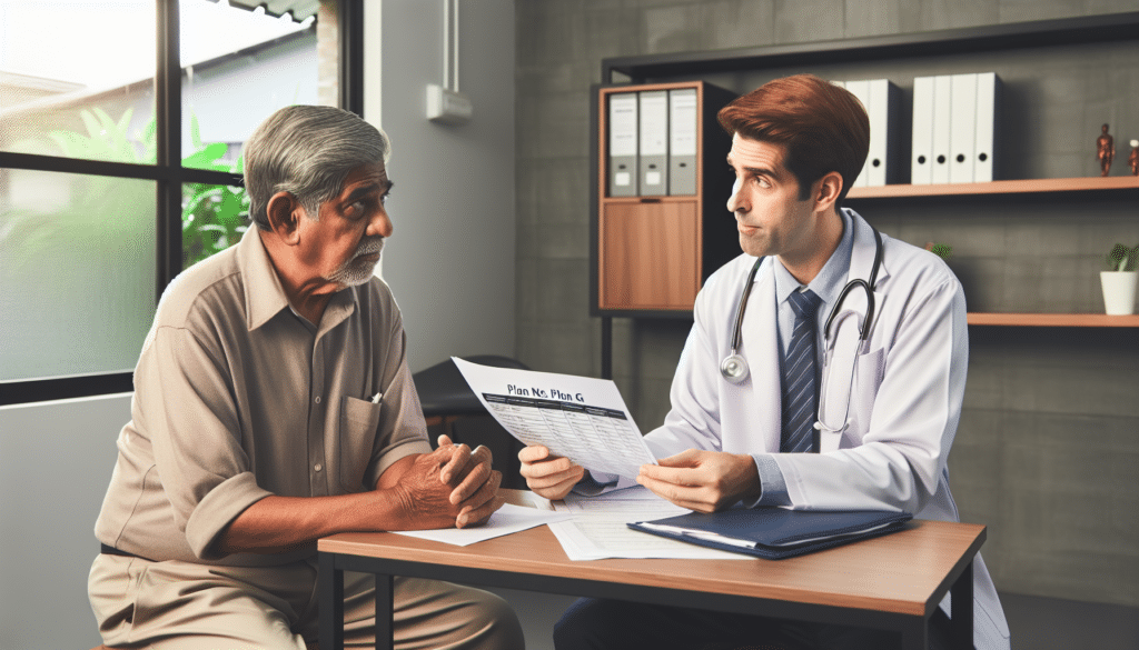 A man at his "Welcome to Medicare" visit discusses the merits of Plan N vs Plan G with his doctor.