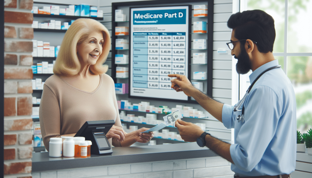 A woman on Medicare picks up her medications at the pharmacy while the pharmacist explains the true out-of-pocket costs in her Part D plan. 