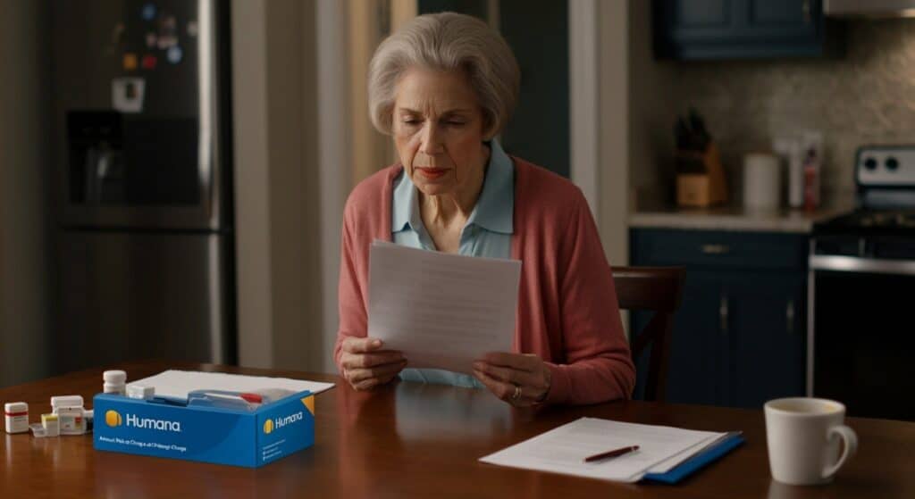 A elderly woman sits at her kitchen table, reading her Annual Notice of Change (ANOC) from Humana, wondering how Medicare Changes 2025 will affect her medication costs.